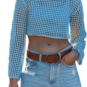 Chic Sky Blue Crochet Cropped Sweater